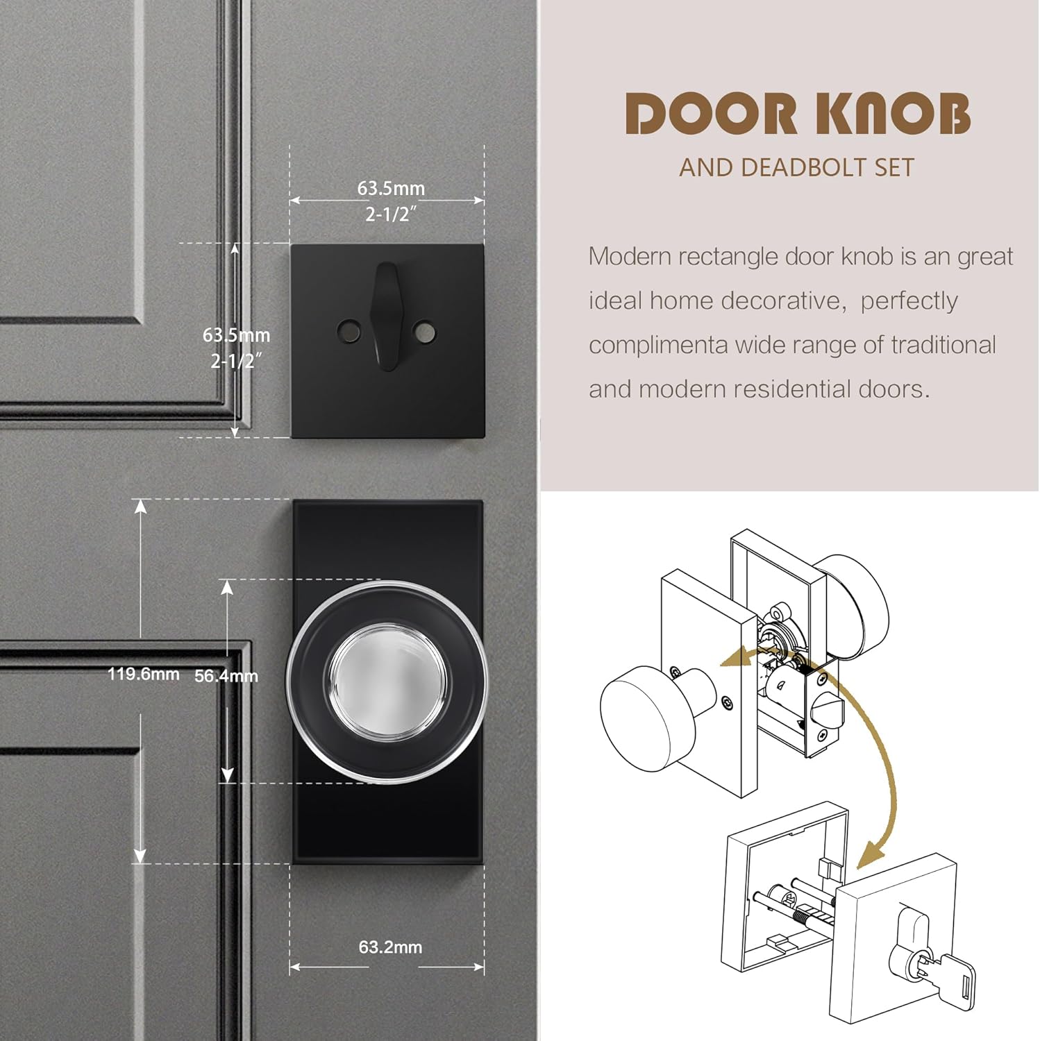 Sleek Glass Crystal Door Knobs with Deadbolt Set - Matte Black