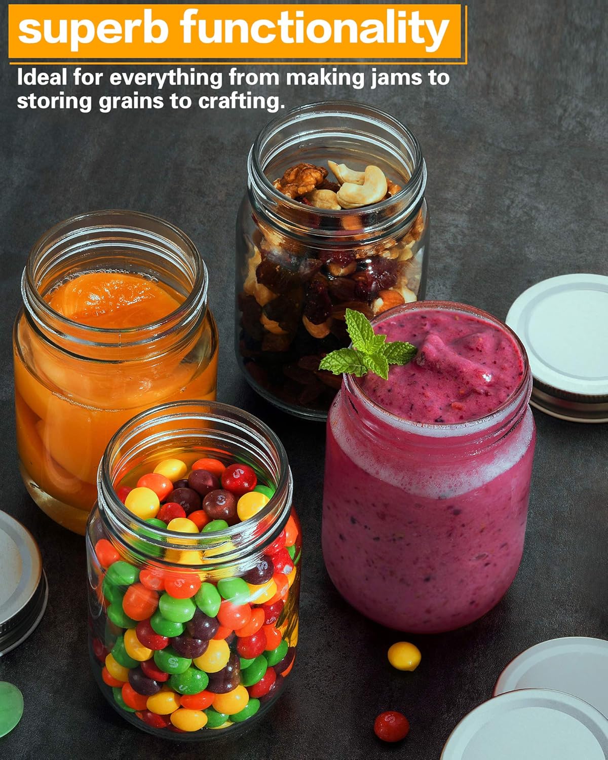 Premium 12oz Glass Jars with lids for Canning Storage