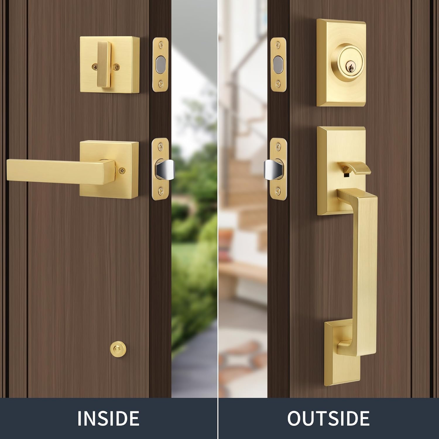 Gaurqiah brushed gold front door entry handle set heavy-duty satin brass