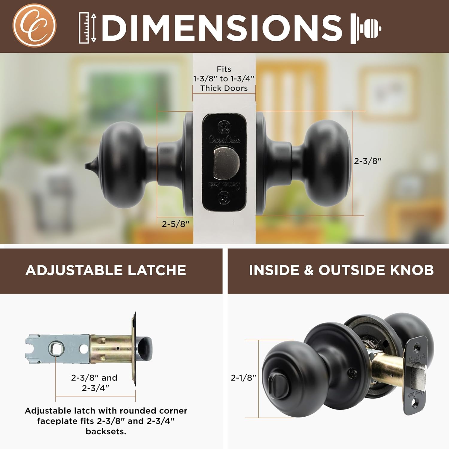 Copper Creek matte black door knobs - Privacy locking function