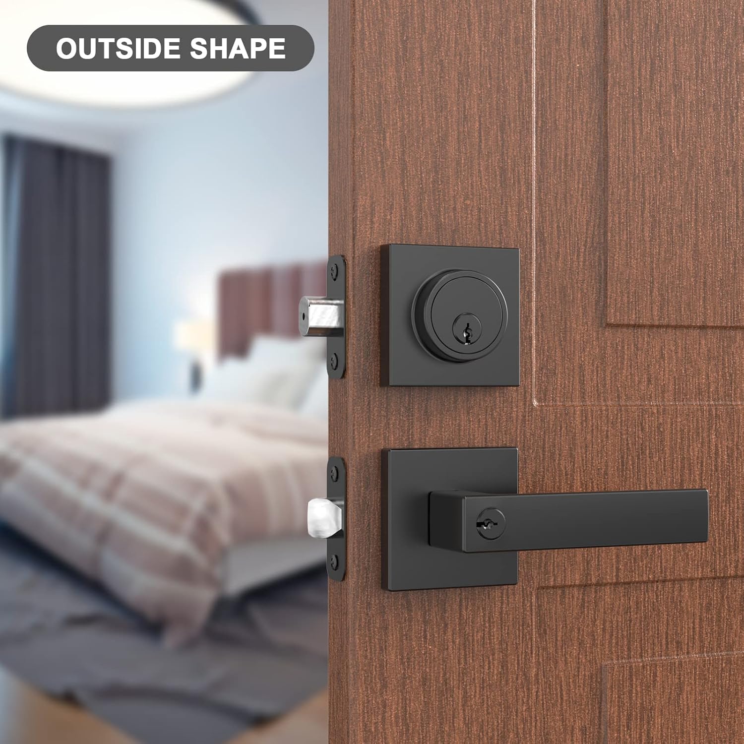 BAOLONG Modern Square Entry Lever Door Handle and Deadbolt Set Matte Black