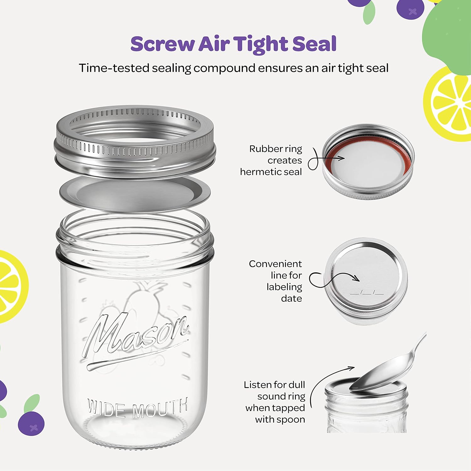 SEWANTA Wide Mouth Mason Jars 16 oz 5 Pack - Canning Pickling Preserving Sets