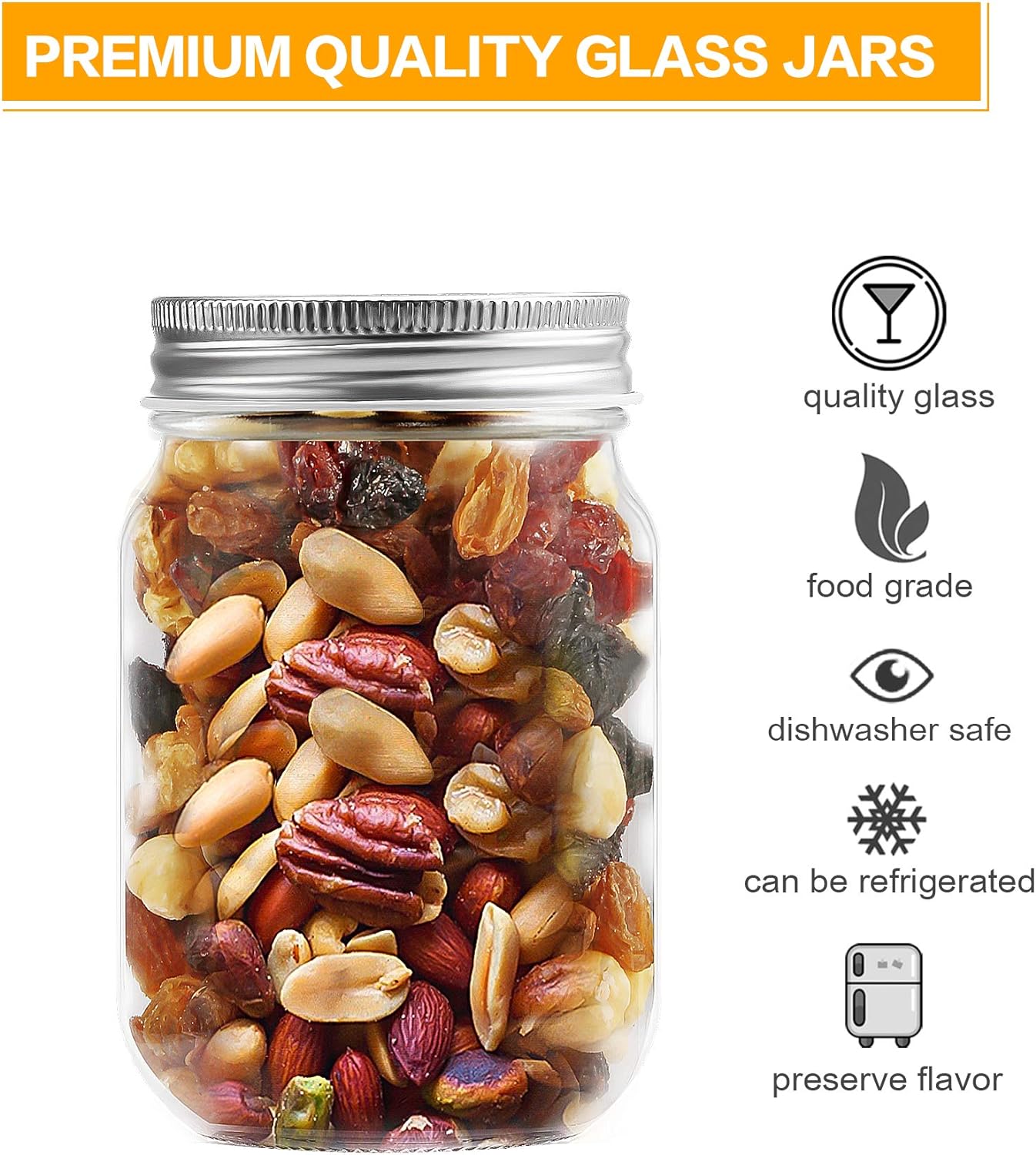 Premium 12oz Glass Jars with lids for Canning Storage