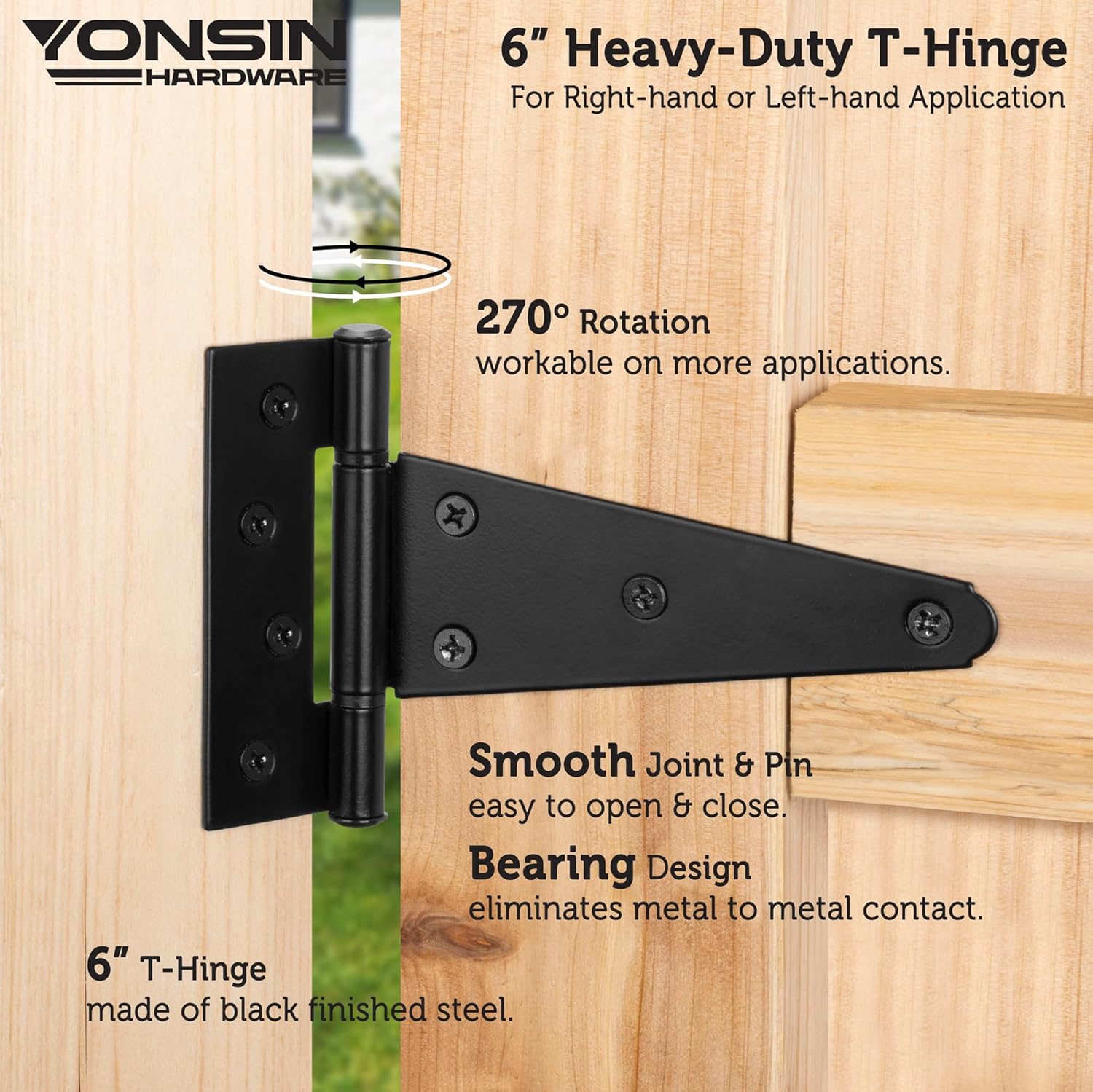 Sturdy 6 T-Strap Shed Door Hinges Black Quiet Operation
