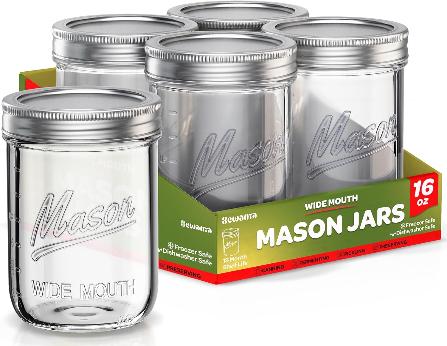 SEWANTA Wide Mouth Mason Jars 16 oz 5 Pack - Canning Pickling Preserving Sets