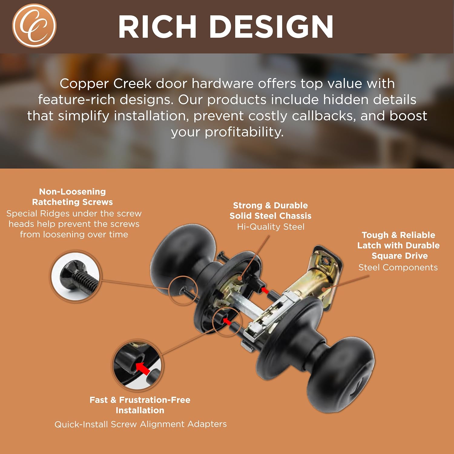 Copper Creek matte black door knobs - Privacy locking function
