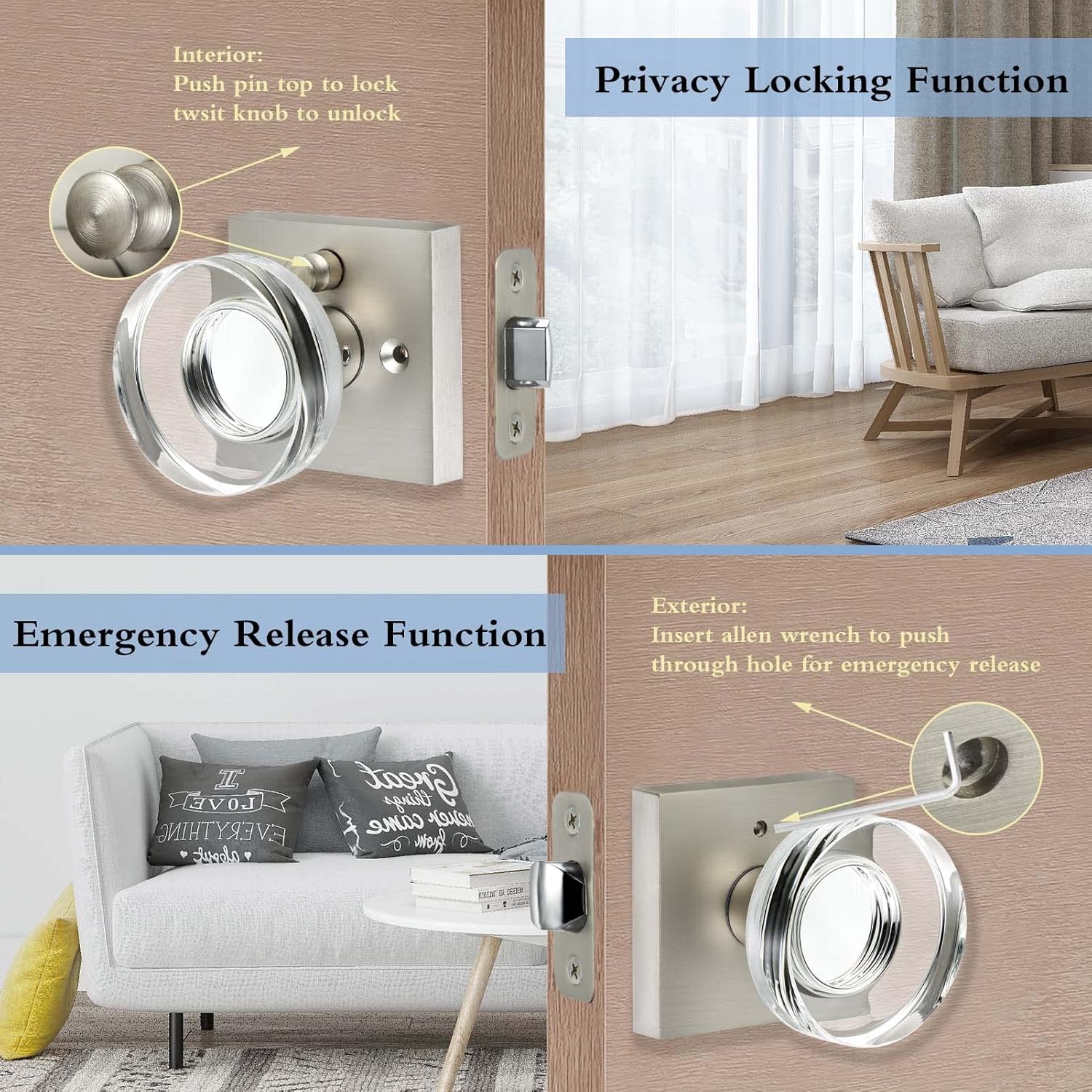 Safety First Glass Door Knobs - Emergency Release with Satin Nickel